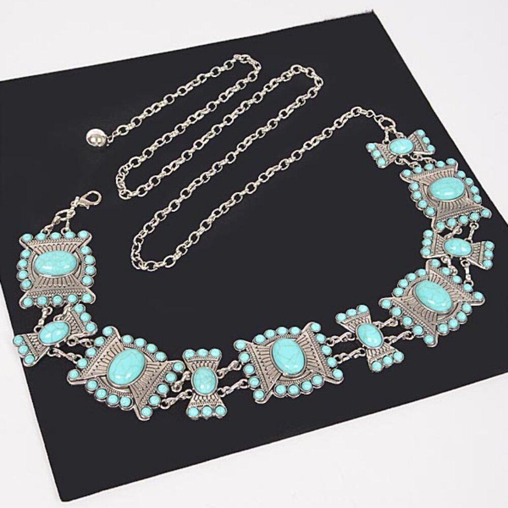 BNWT Turquoise Western Inspired Chain Belt Stone Chain Belt - Picture 2 of 5